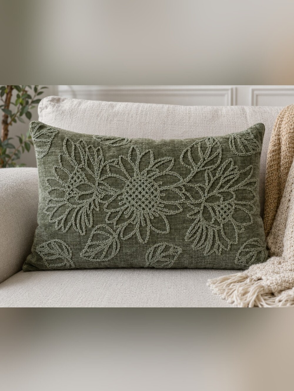 Love Marlo Mossy Green Chenille Pillow Cover Floral Sunflowers Oblong 14×24